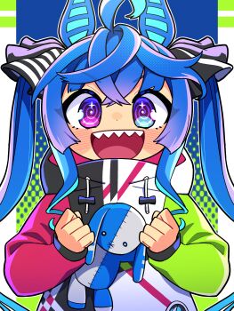 1girl :d @_@ absurdres ahoge animal_ears aqua_hair blue_eyes blue_hair blush bow clenched_hands commentary_request crossed_bangs drawstring hair_bow halftone hands_up heterochromia highres hood hoodie horse_ears horse_girl long_hair long_sleeves looking_at_viewer multicolored_hair multicolored_hoodie open_mouth purple_eyes sharp_teeth sidelocks smile solo straight-on striped_bow stuffed_animal stuffed_rabbit stuffed_toy sumikawa_(sumikawa8v) teeth twin_turbo_(umamusume) twintails two-tone_hair umamusume upper_body upper_teeth_only very_long_hair