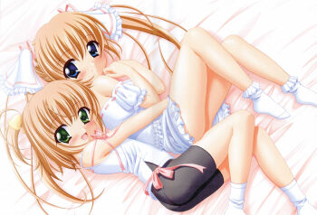 2girls ass bed bike_shorts blue_eyes blush brown_hair feet frilled_legwear frills green_eyes hug loli long_hair lying multiple_girls nanami_to_konomi_no_oshiete_abc nishimura_konomi nishimura_nanami pantylines short_hair siblings sin-go sisters skin_tight smile twins twintails