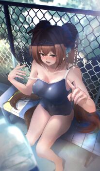 Rule 34 | 1girl, absurdres, animal ears, bare shoulders, blue one-piece swimsuit, blush, bottle, breasts, brown hair, cleavage, competition school swimsuit, daiwa scarlet (umamusume), fang, fence, hair between eyes, hair intakes, highres, horse ears, horse girl, horse tail, kohakuno, large breasts, long hair, one-piece swimsuit, open mouth, red eyes, school swimsuit, sitting, solo, swimsuit, tail, tiara, tracen swimsuit, twintails, umamusume, very long hair, water bottle