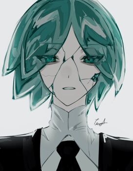 1other androgynous aqua_eyes aqua_hair black_necktie cracked_skin crystal_hair eyes_visible_through_hair gem_uniform_(houseki_no_kuni) hashtag-only_commentary high_collar houseki_no_kuni necktie parted_lips phosphophyllite portrait solo straight-on txasttszu white_background