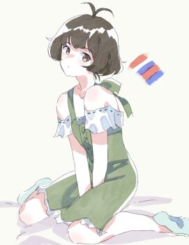 1boy akizuki_ryo antenna_hair bare_shoulders between_legs blue_shoes breasts brown_eyes brown_hair buttons closed_mouth collarbone commentary_request crossdressing crossdressing_(mtf) dress expressionless frilled_dress frills full_body green_dress hand_between_legs highres idolmaster idolmaster_dearly_stars looking_at_viewer nara1508 ribbon-trimmed_dress ribbon_trim shoes short_hair sidelocks sitting small_breasts wariza