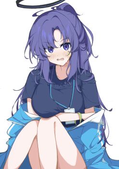 1girl blue_archive blue_eyes blue_hair blush breasts free_donut gym_uniform halo highres huge_breasts mechanical_halo open_mouth red_pupils simple_background solo star_(symbol) white_background yuuka_(blue_archive) yuuka_(track)_(blue_archive)