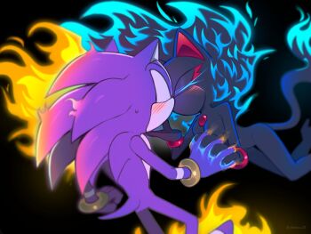 animal_ears black_background blaze_the_cat blaze_the_cat_(beta_design) blush burning cat_ears cat_girl cat_tail closed_eyes darkspine_sonic fire furry furry_female furry_male highres holding_hands kiss simple_background sonic_(series) sonic_the_hedgehog tail yeonwu08