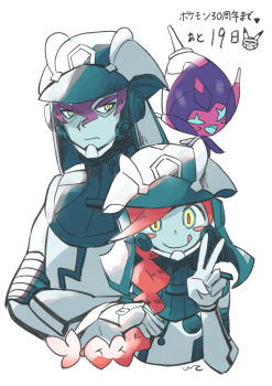 Rule 34 | 1boy, 1girl, anniversary, blue eyes, blue skin, blush stickers, bodysuit, braid, braided ponytail, colored skin, commentary request, cropped torso, crossed arms, doodle inset, dulse (pokemon), e-co, frown, gen 1 pokemon, gen 7 pokemon, hand up, helmet, highres, long hair, looking at viewer, nintendo, orange hair, pikachu, poipole, pokemon, pokemon (creature), pokemon usum, purple hair, short hair, single braid, smile, tongue, tongue out, ultra beast, ultra recon squad uniform, v, v-shaped eyebrows, white bodysuit, white helmet, yellow eyes, zossie (pokemon)
