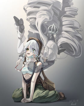 Rule 34 | 2girls, 95hoody, brown bag, clothes around waist, commentary, dirty, dirty arm, dirty face, dirty hands, drill hair, full body, glasses, goddess of victory: nikke, green eyes, green pants, hair over one eye, highres, holding, holding removed eyewear, mask, mask pull, mouth mask, multiple girls, pants, princess (nikke), red-framed eyewear, sitting, stall iii (nikke), untranslatable commentary, unworn eyewear, wariza, white hair