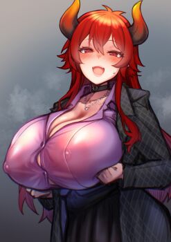 1girl absurdres black_choker black_skirt blush breast_lift breasts button_gap choker cleavage clenched_hand commentary_request covered_erect_nipples dola_(7th_costume)_(nijisanji) dola_(nijisanji) dragon_girl dragon_horns fangs gradient_horns hair_between_eyes heart heart_choker heart_pendant highres horns huge_breasts jacket jewelry kagami_uekusa long_hair looking_at_viewer multicolored_horns necklace nijisanji no_bra open_mouth orange_horns pleated_skirt purple_shirt red_eyes red_hair see-through_clothes see-through_shirt shirt skirt smile solo virtual_youtuber