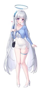 1girl absurdres bag black_bag blue_archive blue_jacket blunt_bangs breasts breasts_day cleavage collarbone cropped_jacket dress full_body good_breasts_day halo hand_on_own_chest headgear heart high_heels highres jacket jewelry large_breasts long_hair long_sleeves looking_at_viewer md5_mismatch mechanical_halo miho_(mymiho) necklace noa_(blue_archive) open_mouth parted_lips purple_eyes resolution_mismatch short_dress shoulder_bag simple_background skin_tight skindentation solo source_larger standing thigh_strap thighs tied_jacket very_long_hair white_background white_dress white_footwear white_hair white_halo