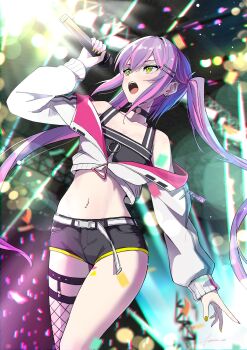 1girl absurdres ammo21204760 bare_shoulders belt black_choker black_shirt black_shorts character_name choker collarbone commentary_request confetti crop_top cropped_jacket ear_piercing earrings fishnet_thighhighs fishnets green_eyes hair_ornament hairclip highres holding holding_microphone hololive jacket jewelry long_hair long_sleeves microphone midriff multicolored_hair multicolored_nails music navel navel_piercing no_headwear o-ring o-ring_choker open_mouth piercing pink_nails purple_hair shirt shorts signature singing single_thighhigh solo stage standing thighhighs thighs tokoyami_towa tokoyami_towa_(1st_costume) twintails two-tone_hair virtual_youtuber white_belt white_sleeves yellow_nails