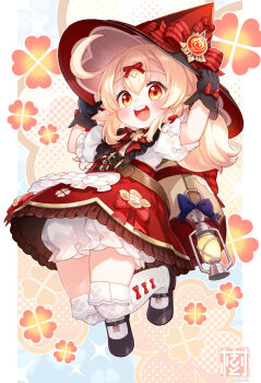 1girl black_gloves black_shoes blonde_hair bloomers bow commentary_request full_body genshin_impact gloves hat highres kito_(sorahate) klee_(genshin_impact) lantern looking_at_viewer mary_janes open_mouth pointy_ears puffy_short_sleeves puffy_sleeves red_bow red_eyes red_hat red_skirt round_teeth shirt shoes short_sleeves skirt smile solo teeth thighhighs twintails underwear upper_teeth_only white_bloomers white_shirt white_thighhighs witch_hat