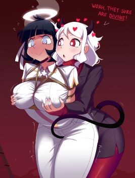 2girls absurdres angel azazel_(helltaker) bagelbomb bdsm black_hair blue_eyes blush bondage bound breasts demon_girl demon_horns demon_tail english_text formal_clothes full-face_blush grabbing_another&#039;s_breast groping halo heart heart-shaped_pupils helltaker highres horns large_breasts looking_at_another looking_down modeus_(helltaker) multiple_girls nervous_sweating pants pantyhose red_eyes red_legwear restrained shibari shibari_over_clothes shirt short_hair skirt skirt_suit smile suit sweat symbol-shaped_pupils tail trembling turtleneck wavy_mouth white_hair white_pants white_shirt wing_collar yuri