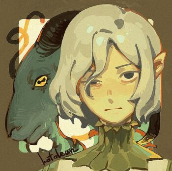 1boy bags_under_eyes black_eyes blush border brown_border dungeon_meshi elf goat goat_(dungeon_meshi) gorget grey_hair horizontal_pupils katalean lazy_eye looking_at_viewer lowres male_focus mithrun notched_ear pointy_ears portrait short_hair symbol-shaped_pupils uneven_eyes wavy_hair