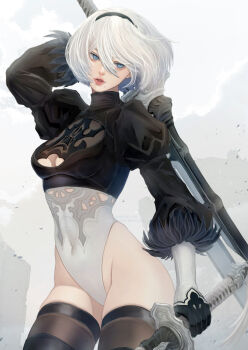 1girl 2b_(nier:automata) arm_behind_head arm_up black_boots black_gloves black_hairband black_thighhighs blue_eyes boots breasts cleavage cleavage_cutout clothing_cutout commentary cowboy_shot debris duplicate feather-trimmed_sleeves gloves grey_hair hair_between_eyes hairband highleg highleg_leotard highres holding holding_sword holding_weapon juliet_sleeves leotard lips long_sleeves medium_breasts mitsuki_nite mole mole_under_mouth nier:automata nier_(series) parted_lips pink_lips pixel-perfect_duplicate puffy_sleeves short_hair solo sword thigh_boots thighhighs thighhighs_under_boots thighs turtleneck weapon white_leotard