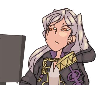 1girl davewaterfalls female_robin_(fire_emblem) fire_emblem fire_emblem_awakening hand_on_own_face meme monitor nintendo robe simple_background solo twintails white_hair yellow_eyes