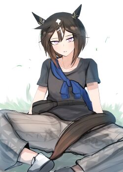 Rule 34 | 1girl, absurdres, animal ears, black hair, black shirt, blue shirt, blush, brown hair, casual, collarbone, commentary request, ear covers, fanny pack, hair between eyes, highres, horse ears, horse girl, horse tail, kanikama25, long hair, looking at viewer, multicolored hair, pants, parted lips, purple eyes, shirt, shoes, sitting, stay gold (casual) (umamusume), stay gold (umamusume), streaked hair, tail, umamusume, white hair