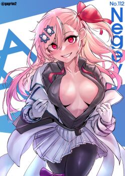 1girl absurdres blouse blush bow braid breasts character_name clothes_tug collarbone female_focus gagrim girls&#039;_frontline gloves grey_shirt hair_between_eyes hair_bow hair_ornament hair_ribbon hairclip hexagram highres israeli_flag jewelry large_breasts leg_ribbon long_hair long_sleeves looking_at_viewer negev_(girls&#039;_frontline) no_bra one_side_up ornate_ring pantyhose parted_lips pink_hair pleated_skirt red_bow red_eyes ribbon ring seductive_smile shirt sidelocks skirt smile solo star_of_david thigh_ribbon twitter_username wedding_ring white_gloves