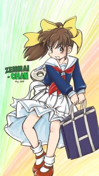 1girl back_bow bag blue_bag blue_shirt bow brown_eyes brown_hair character_name commentary_request dated full_body hair_bow highres holding holding_bag mary_janes medium_hair minakami_marin neckerchief open_mouth original pleated_skirt ponytail red_neckerchief red_shoes sailor_collar shirt shoes skirt smile socks solo standing white_bow white_sailor_collar white_skirt white_socks winding_key yellow_bow zenmai-chan