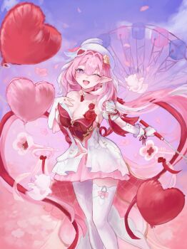 1girl ;o amusement_park balloon beret blue_sky breasts cleavage commentary_request diamond-shaped_pupils diamond_(shape) dress earrings elf elysia_(hi_love_elf)_(honkai_impact) elysia_(honkai_impact) falling_petals galy_8403 gloves hand_on_own_chest hat heart heart_balloon heart_earrings highres holding_ribbon_baton honkai_(series) honkai_impact_3rd instrument jewelry korean_commentary large_breasts long_hair one_eye_closed outdoors petals pink_hair pointy_ears purple_eyes red_dress single_glove sky smile solo symbol-shaped_pupils thighhighs trumpet two-tone_dress very_long_hair white_dress white_gloves white_thighhighs