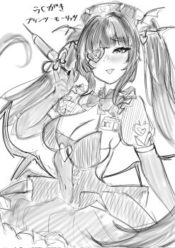 1girl :p azur_lane blush breasts cleavage commentary_request covered_navel demon_wings depend_clione8 eyepatch greyscale hand_up hat highres holding holding_syringe large_breasts long_hair looking_at_viewer monochrome nurse_cap prinz_moritz_(azur_lane) simple_background sketch skirt solo syringe tongue tongue_out twintails white_background wings