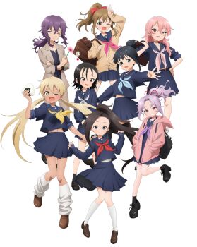 6+girls asagao_(kunoichi_tsubaki_no_mune_no_uchi) backpack bag benisumomo black_eyes black_hair black_socks black_thighhighs blonde_hair blue_skirt brown_cardigan brown_footwear brown_hair brown_suit cardigan closed_mouth crossed_arms drooling embarrassed food formal_clothes full_body green_eyes grey_eyes grin hana_(kunoichi_tsubaki_no_mune_no_uchi) hand_on_own_hip hands_in_pockets hinagiku_(kunoichi_tsubaki_no_mune_no_uchi) jacket kunoichi_tsubaki_no_mune_no_uchi long_sleeves looking_at_viewer loose_socks mokuren_(kunoichi_tsubaki_no_mune_no_uchi) multiple_girls official_art one_eye_closed onigiri pink_hair pink_jacket pleated_skirt purple_hair red_eyes rindou_(kunoichi_tsubaki_no_mune_no_uchi) sazanka_(kunoichi_tsubaki_no_mune_no_uchi) school_uniform shoes simple_background skirt smile socks standing standing_on_one_leg suit thighhighs transparent_background tsubaki_(kunoichi_tsubaki_no_mune_no_uchi) v white_legwear white_socks wink