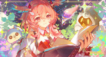 1girl aqua_wings artist_name book closed_mouth commentary_request crossed_bangs detached_sleeves genshin_impact hair_between_eyes hair_ornament hairpin head_wings highres holding holding_book leaf linnea_(genshin_impact) long_sleeves lumi_(genshin_impact) moehikaru multicolored_wings open_book pink_eyes pink_hair pink_wings pointy_ears smile stuffed_animal stuffed_toy wing_hair_ornament wings