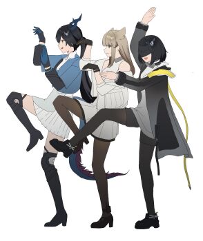 3girls :d absurdres animal_ears arknights arknights:_endfield arm_up ashamutoki bird_ears bird_girl black_blood black_coat black_gloves black_hair black_mask black_pantyhose black_shoes blood blue_gloves blue_horns blue_shirt blunt_bangs chen_qianyu_(arknights) coat dragon_girl dragon_horns endministrator_(arknights) eye_mask female_endministrator_(arknights) full_body gloves grey_sweater hashtag-only_commentary highres horns long_sleeves mask multiple_girls off_shoulder open_clothes open_coat open_mouth pantyhose perlica_(arknights) shirt shoes short_hair sidelocks simple_background skirt smile standing standing_on_one_leg sweater v-shaped_eyebrows white_background white_coat white_skirt yotsubato! yotsubato!_pose