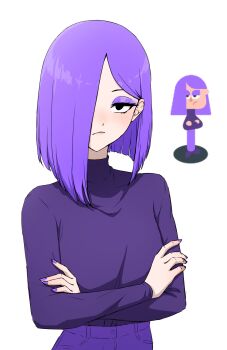 Rule 34 | 1girl, absurdres, black eyes, closed mouth, commentary, crossed arms, daydarion, duolingo, hair over one eye, highres, lily (duolingo), pants, purple hair, purple nails, purple pants, purple sweater, simple background, sweater, turtleneck, turtleneck sweater, upper body, white background
