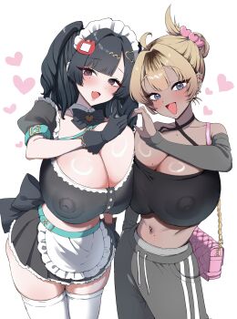 Rule 34 | 2girls, ahoge, apron, bag, belt, black bow, black bowtie, black gloves, black hair, black shirt, black skirt, blonde hair, blue eyes, blush, bowtie, breast press, breasts, chest strap, chignon, cleavage, covered erect nipples, crop top, dark-skinned female, dark skin, detached collar, detached sleeves, earrings, fang, folded ponytail, frilled skirt, frills, gloves, grey pants, grey sleeves, gyaru, hair ornament, hair up, hairclip, halterneck, hand in pocket, handbag, heart, heart hair ornament, heart hands, heart hands duo, heart hands failure, huge breasts, inchore, jewelry, lips, long hair, maid, maid headdress, miniskirt, mole, mole on breast, mole on chest, mole under eye, multiple earrings, multiple girls, open mouth, original, pants, pink eyes, pink nails, shirt, skin fang, skirt, smile, standing, sweatpants, thighhighs, thumbs up, twintails, white apron, white background, white thighhighs
