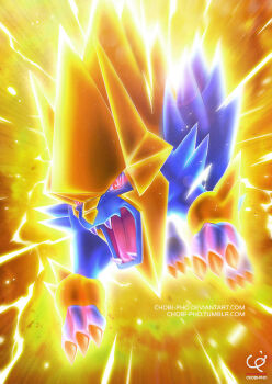 animal_focus artist_name chobi-pho claws electricity full_body gen_3_pokemon glowing glowing_eyes jumping looking_at_viewer manectric mega_manectric mega_pokemon nintendo no_humans open_mouth outdoors pokemon pokemon_(creature) red_eyes sharp_teeth solo spiked_hair standing teeth