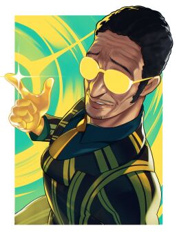 1boy bad_id bad_twitter_id black_hair coat facial_hair formal_clothes from_above glasses highres index_finger_raised kizaru_(one_piece) male_focus mature_male mustache_stubble one_piece opaque_glasses photokinesis short_hair smirk solo stubble suit sunglasses tinted_eyewear upper_body voodoothur