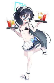 1girl :d absurdres alternate_costume anklet antenna_hair apron aqua_eyes aqua_halo aris_(blue_archive) aris_(maid)_(blue_archive) back-tie_bikini bare_arms bare_shoulders bikini bikini_skirt black_bikini black_hair black_skirt blue_archive blue_bow blush bow breasts bright_pupils cherry collarbone commentary_request cup dot_nose drinking_glass drinking_straw feet food frilled_apron frilled_skirt frills fruit full_body hair_between_eyes halo hands_up highres holding holding_tray jewelry juice knees lemon lemon_slice loli long_bangs long_hair long_hair_between_eyes long_sidelocks looking_at_viewer maid maid_apron maid_bikini maid_headdress navel open_mouth ponytail poorunii rectangular_halo ringed_eyes running sandals see-through_clothes see-through_legwear see-through_thighhighs shaved_ice sidelocks simple_background skirt small_breasts smile solo standing stomach swimsuit thighhighs toes transparent_background tray unconventional_maid very_long_hair waist_apron white_apron white_headdress white_pupils white_sandals white_thighhighs zettai_ryouiki