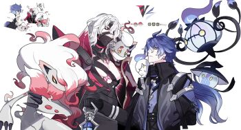 2boys ahoge arm_behind_back bandage_over_one_eye bandaged_neck bandages bandages_over_mouth black_bandages black_capelet black_coat black_gloves blue_hair cape capelet chandelure chibi claws closed_mouth coat collared_cape collared_capelet commentary_request covered_mouth crossed_bangs evolutionary_line eye_contact flins_(genshin_impact) frown gen_5_pokemon genshin_impact gloves gradient_hair hair_between_eyes highres hisuian_zoroark hisuian_zorua holding holding_lantern kekkonshiro1 lampent lantern litwick long_hair long_sleeves looking_at_another male_focus medium_hair multicolored_hair multiple_boys multiple_views mystical_high_collar nintendo on_shoulder one_eye_covered parted_bangs pectorals pokemon pokemon_(creature) pokemon_on_shoulder purple_shirt red_cape red_eyes rerir_(genshin_impact) shirt simple_background stare_down translation_request upper_body white_background white_hair yellow_eyes