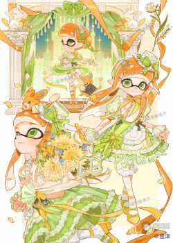 1girl absurdres apron bouquet bow bow_choker chibi choker creature_on_head crossover dress dress_bow flower footwear_bow green_bow green_dress green_eyes green_hairband green_hat green_wrist_cuffs hair_ornament hairband hat hat_bow highres holding holding_bouquet inkling inkling_girl inkling_player_character long_hair mihuashi_506932 mihuashi_logo mini_hat multiple_views nintendo orange_bow orange_choker orange_hair pawmi pointy_ears pokemon pokemon_(creature) puffy_short_sleeves puffy_sleeves sample_watermark shoes short_sleeves splatoon_(series) star_(symbol) star_hair_ornament tentacle_hair thighhighs tilted_headwear watermark white_apron white_thighhighs wrist_cuffs yellow_flower yellow_shoes