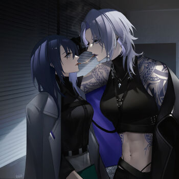 2girls abs absurdres artist_name blue_eyes blue_hair breasts character_request chief_(path_to_nowhere) cigarette cigarette_kiss female_chief_(path_to_nowhere) highres large_breasts light_purple_hair medium_breasts medium_hair midriff multiple_girls navel navel_piercing parted_lips path_to_nowhere piercing purple_eyes purple_lips ried0221 smoke smoking tattoo yuri zoya_(path_to_nowhere)