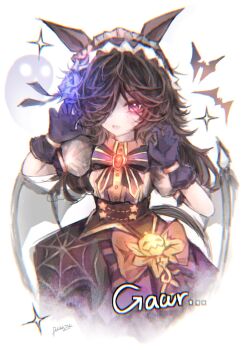 1girl absurdres animal_ears bat_wings black_hair claw_pose doktahzaki gloves hair_over_one_eye hairband highres horse_ears horse_girl horse_tail lolita_hairband long_hair looking_at_viewer open_mouth purple_eyes purple_gloves purple_skirt rice_shower_(make_up_vampire!)_(umamusume) rice_shower_(umamusume) shirt short_sleeves skirt solo tail umamusume white_hairband white_shirt wings