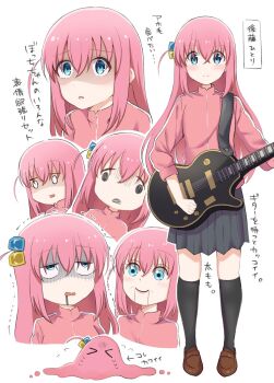 >_< 1girl @_@ arrow_(symbol) black_socks blue_eyes blush bocchi_the_rock! brown_shoes closed_mouth commentary_request crossed_bangs cube_hair_ornament doll drooling flying_sweatdrops frown full_body gotoh_hitori gotoh_hitori_(tsuchinoko) guitar hair_between_eyes hair_ornament highres holding holding_guitar holding_instrument instrument jacket kneehighs loafers long_hair looking_at_viewer mouth_drool multiple_views o_o one_side_up open_mouth outline pink_hair pink_jacket rolling_eyes rrtp shaded_face shoes sidelocks simple_background socks split_mouth standing straight_hair tareme track_jacket translation_request trembling upper_body very_long_hair white_background white_outline wide-eyed