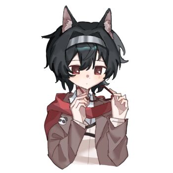 1boy animal_ear_fluff animal_ears animal_print bear_print belt black_belt brown_coat character_request chest_belt closed_mouth coat collared_coat collared_shirt copyright_request cropped_torso dot_nose glasses grey_hairband hair_between_eyes hairband hashtag-only_commentary highres holding holding_removed_eyewear kemonomimi_mode lapels layered_sleeves light_blush long_sleeves looking_at_object loose_hair_strand male_focus notched_lapels open_clothes open_coat panda_print qianwa_shi_biao red-framed_eyewear red_eyes red_scarf scarf shirt short_hair simple_background solo unworn_eyewear vest white_background white_shirt white_vest wolf_ears