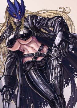 1girl beelstarmon belt black_coat black_gloves black_pants black_vest blonde_hair blue_mask breasts coat commentary_request cropped_vest digimon digimon_(creature) dutch_angle eye_mask ginkado gloves gun holding holding_gun holding_weapon large_breasts leather leather_pants lipstick long_hair long_sleeves looking_at_viewer makeup mask multiple-barrel_gun navel open_clothes open_coat pants parted_lips partial_commentary purple_lips red_eyes sidelocks simple_background solo standing stomach third_eye tight_clothes tight_pants toned toned_female torn_clothes torn_coat underboob vest weapon white_background zipper