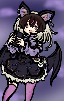 1girl animal_ears bat_ears bat_girl bat_wings brown_eyes brown_hair brown_long-eared_bat_(kemono_friends) cellphone earrings extra_ears grey_hair jewelry kemono_friends kemono_friends_v_project long_hair looking_at_viewer multicolored_hair phone purple_background shirt simple_background skirt smartphone solo streaked_hair stuffed_toy tanuki_kamen thighhighs virtual_youtuber wings
