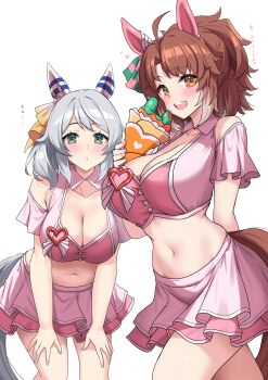 2girls absurdres ahoge animal_ears bent_over blush bow breasts brown_eyes brown_hair checkered_ribbon cleavage clothing_cutout collarbone crepe cropped_shirt dantsu_flame_(umamusume) ear_covers ear_ornament ear_ribbon food grey_hair hair_between_eyes hair_ornament headband highres hishi_miracle_(umamusume) holding holding_crepe holding_food horse_ears horse_girl horse_tail kibihimi large_breasts layered_skirt looking_at_viewer medium_hair meni_shuki_rush-sshu! multicolored_hair multiple_girls navel open_mouth parted_lips pink_headband pink_shirt pink_skirt pink_socks shirt shoulder_cutout simple_background skirt smile socks tail umamusume white_background white_hair