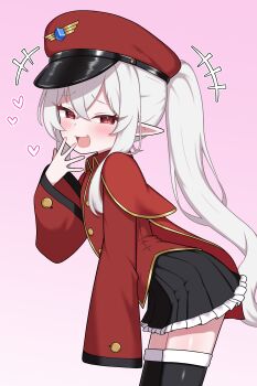 Rule 34 | 1girl, absurdres, black skirt, black thighhighs, blush, commentary, commission, english commentary, fang, from side, gradient background, grey hair, hat, heart, highres, jacket, leaning forward, long hair, long sleeves, looking at viewer, mesugaki, miniskirt, notice lines, open mouth, original, peaked cap, pink background, pleated skirt, pointy ears, ponytail, red eyes, red hat, red jacket, skirt, solo, thighhighs, zing (z z zing)