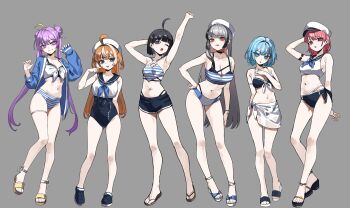 Rule 34 | 6+girls, :o, absurdres, ahoge, arm at side, arm up, armpits, ayauke, baegsaeg waesyong, bikini, black bikini, black choker, black hair, black one-piece swimsuit, black sailor collar, black shoes, black shorts, blue eyes, blue jacket, blue neckerchief, bow, bow bikini, breasts, character request, choker, cleavage, commentary, contrapposto, crocs, crop top, cropped shirt, damyui, double bun, grey background, grey hair, hair bun, hair intakes, hand on own hip, hand up, hands up, hat, highres, jacket, large breasts, layered bikini, long hair, long sleeves, medium hair, mismatched bikini, multicolored hair, multiple girls, navel, neckerchief, no pupils, one-piece swimsuit, open clothes, open jacket, orange hair, pink hair, platform sandals, project [i], purple eyes, purple hair, red eyes, sailor bikini, sailor collar, sailor hat, sailor shirt, sandals, sarong, see-through clothes, see-through sarong, shirt, shoes, short hair, short shorts, shorts, sidelocks, simple background, sleeveless, sleeveless shirt, sleeves past wrists, standing, stomach, straight hair, streaked hair, stretching, striped bikini, striped clothes, swimsuit, symbol-only commentary, thigh strap, tongue, tongue out, twintails, very long hair, white hat, white sarong