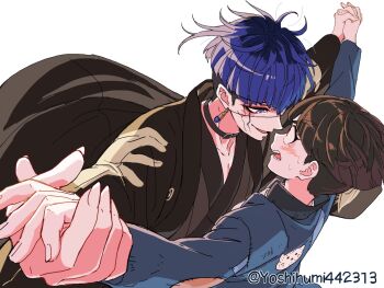 2boys arms_up belt_buckle belt_collar black_collar black_kimono blue_eyes blue_hair blue_jacket blush buckle chinese_commentary collar collarbone collared_jacket commentary_request cowboy_shot dutch_angle earrings eye_contact facial_mark fingernails highres holding_hands jacket japanese_clothes jewelry kimono looking_at_another male_focus maruko_gaku multiple_boys nervous_sweating omokage_yugamu open_clothes open_kimono open_mouth outstretched_arms patchwork_clothes piercing red_eyes sharp_fingernails short_sideburns simple_background smile sweat sweatdrop teeth the_hundred_line_-last_defense_academy- tongue twitter_username white_background wide-eyed yaoi yoshihumi442313