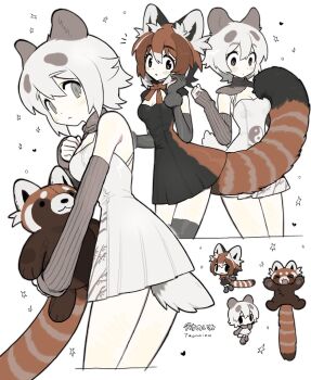 2girls :3 :d :o animal animal_ears animal_hug artist_name bamboo_print black_dress black_eyes black_thighhighs breasts brown_dress brown_hair brown_ribbon check_copyright chemise chibi cleavage closed_mouth collar commentary copyright_request cowboy_shot dot_nose double-parted_bangs dress elbow_gloves english_commentary gloves grey_collar grey_eyes grey_gloves grey_hair grey_shoes grey_sleeves hair_between_eyes hand_on_own_face heart highres holding holding_animal light_blush long_sleeves medium_breasts multicolored_dress multicolored_hair multiple_girls multiple_views neck_ribbon notice_lines open_mouth original panda_ears panda_girl panda_tail pleated_dress red_panda red_panda_ears red_panda_girl red_panda_tail ribbon shoes short_hair simple_background sleeveless sleeveless_dress sleeves_past_wrists smile solid_circle_eyes star_(symbol) taonoinu thighhighs white_background white_chemise white_hair yin_yang yin_yang_print zettai_ryouiki
