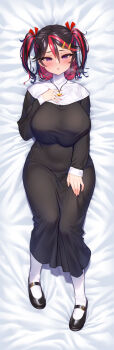 1girl absurdres ariduka_formica bed_sheet black_dress black_hair black_shoes blush breasts commentary_request dakimakura_(medium) dress full_body guimpe hair_between_eyes hand_on_own_chest hands_on_own_thighs headpiece heart heart_necklace heart_pendant highres huge_breasts jewelry large_breasts long_dress long_sleeves lonh_skirt looking_at_viewer lying medium_hair multicolored_hair necklace nun ogre_(illustogre) on_back open_mouth oppai_loli pink_hair second-party_source shoes short_twintails skirt solo steaming_body taut_clothes taut_skirt twintails virtual_ant_channel virtual_youtuber
