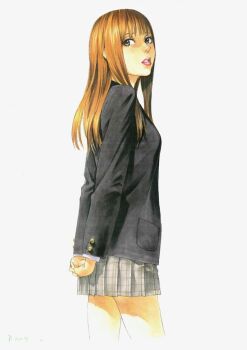 1girl character_request lips long_hair looking_at_viewer mana30row pleated_skirt school_uniform simple_background skirt solo white_background