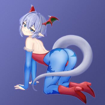 1boy all_fours animal_print ass backless_leotard bare_arms bare_back bare_shoulders basher bat_print blue_background blue_eyes blue_gloves blue_pantyhose boots boros_(ouro_kronii) bridal_gauntlets commentary cosplay crossdressing crossdressing_(mtf) darkstalkers demon_wings elbow_gloves english_commentary full_body fur-trimmed_gloves fur_trim gloves grey_hair hair_between_eyes hair_intakes head_wings high_heel_boots high_heels highres hololive hololive_english leotard lilith_(darkstalkers) lilith_(darkstalkers)_(cosplay) looking_at_viewer male_focus pantyhose personification pointy_ears print_pantyhose red_boots red_leotard short_hair simple_background smile snake_boy snake_tail solo strapless strapless_leotard tail trap virtual_youtuber wings