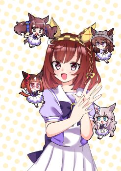 absurdres animal_ears beanie black_hair blue_eyes blush breasts brown_hair buena_vista_(umamusume) chibi collarbone commentary_request grey_hair hat highres horse_girl looking_at_viewer nakayama_festa_(umamusume) open_mouth polka_dot polka_dot_background school_uniform sese_(user_zkhn7285) simple_background smile tosen_jordan_(umamusume) umamusume wonder_acute_(umamusume)