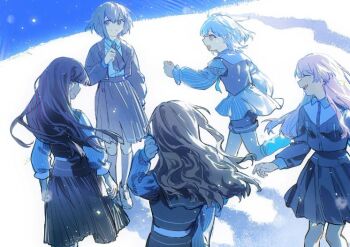 5girls artist_request bang_dream! bang_dream!_it's_mygo!!!!! black_hair black_shorts black_skirt blue_theme brown_hair chihaya_anon closed_eyes commission grey_shirt grey_skirt kaname_raana kneehighs long_hair multiple_girls mygo!!!!!_(bang_dream!) nagasaki_soyo open_mouth pink_hair second-party_source shiina_taki shirt shorts skirt socks takamatsu_tomori