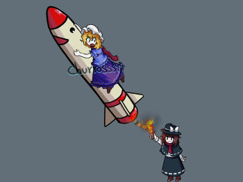 Rule 34 | 2girls, absurdres, black capelet, black hat, black skirt, blonde hair, blue shirt, boots, bow, brown boots, brown hair, capelet, check commentary, churros99, commentary request, grey background, hat, hat bow, highres, holding, holding lighter, lighter, long sleeves, looking at another, maribel hearn, medium hair, mimi-chan, mob cap, multiple girls, open mouth, puffy short sleeves, puffy sleeves, purple skirt, ribbon-trimmed capelet, ribbon-trimmed skirt, ribbon trim, riding rocket, rocket, shirt, shirt tucked in, short sleeves, simple background, skirt, spanish commentary, touhou, usami renko, white bow, white hat, white shirt