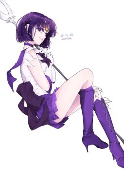 1girl artist_name back_bow bishoujo_senshi_sailor_moon boots bow bowtie choker circlet commentary dated elbow_gloves from_side glaive_(polearm) gloves high_heel_boots high_heels highres holding holding_polearm holding_weapon knee_boots koryuuthfb magical_girl miniskirt outer_senshi polearm purple_boots purple_bow purple_bowtie purple_choker purple_eyes purple_hair purple_sailor_collar purple_skirt sailor_collar sailor_saturn sailor_senshi sailor_senshi_uniform short_hair silence_glaive skirt smile solo tomoe_hotaru weapon white_gloves